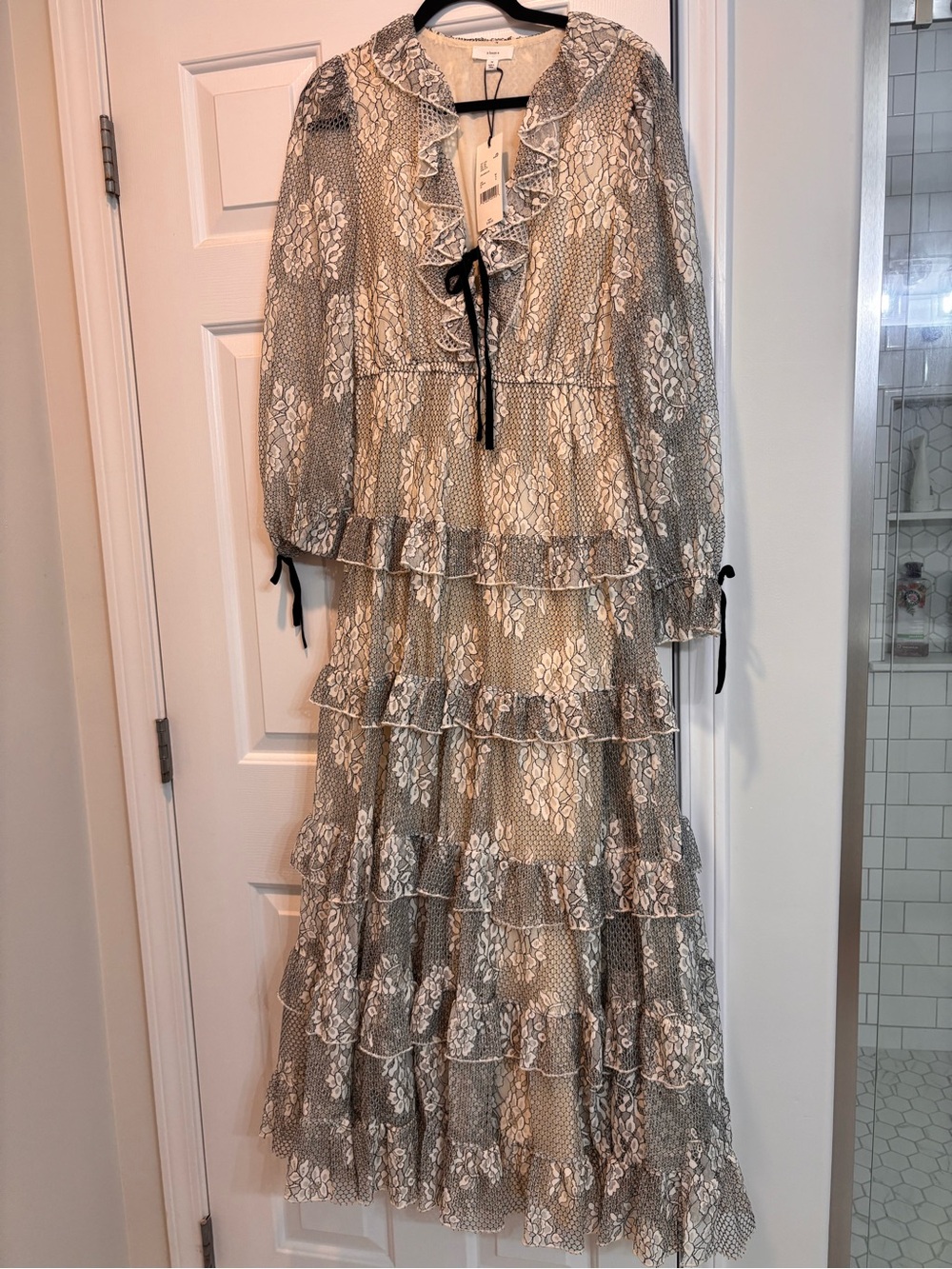 Tiered Lace Long Sleeve Maxi Dress - cream and black